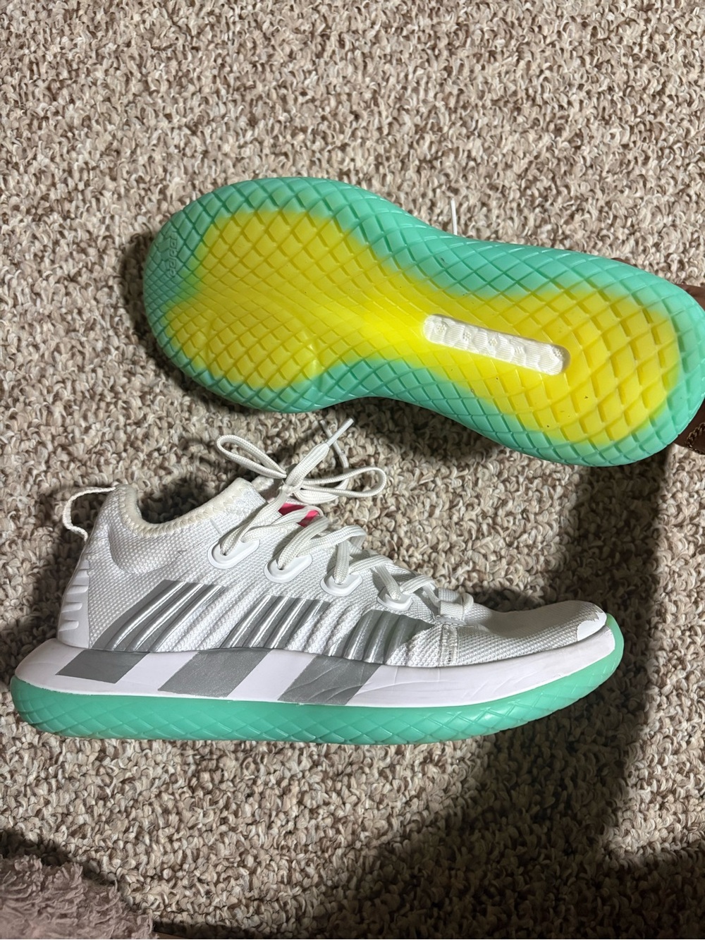 adidas White Athletic Sneakers with Mint Green and Yellow Outsole